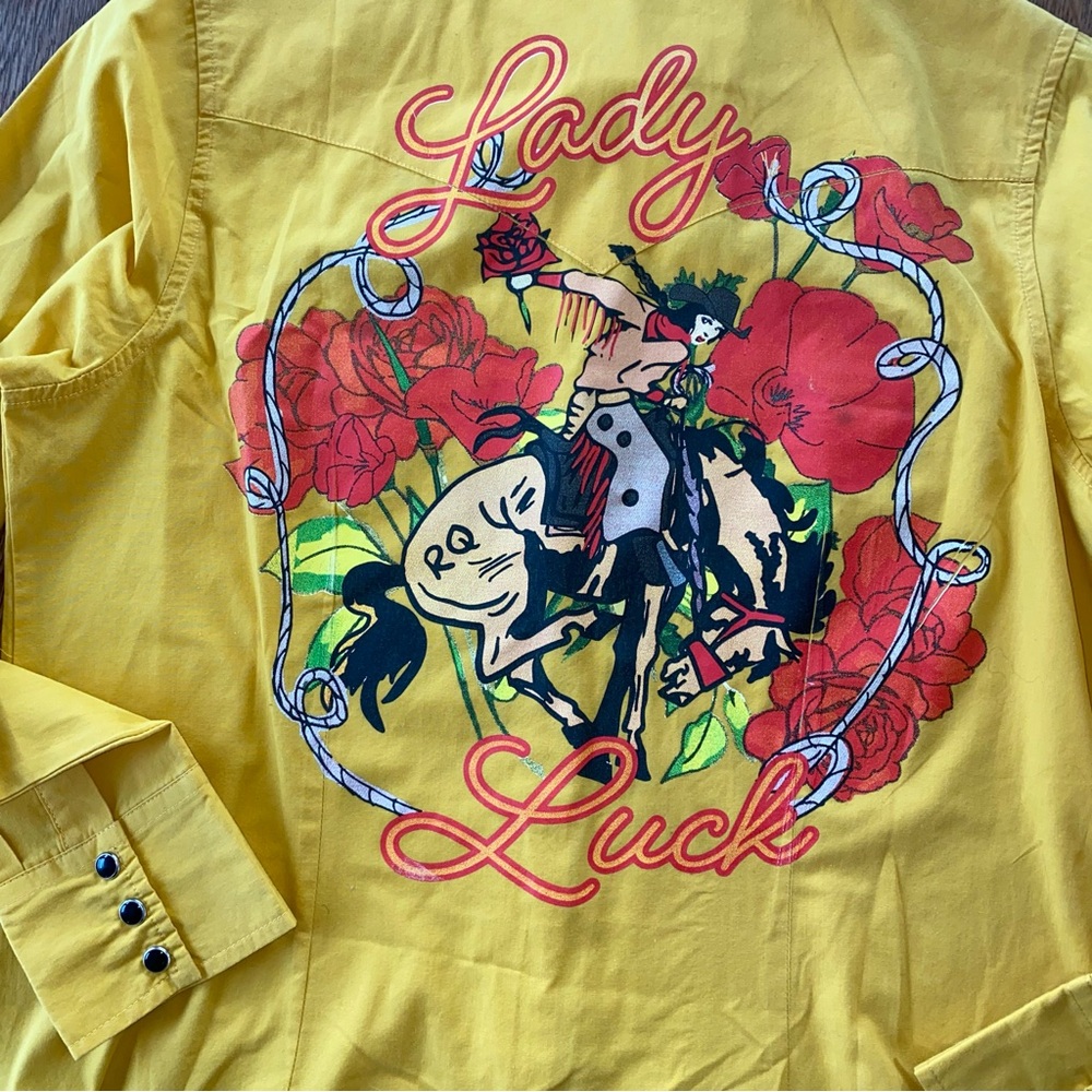 Yellow Button Down Shirt with Graphic Design - Picture 2 of 10